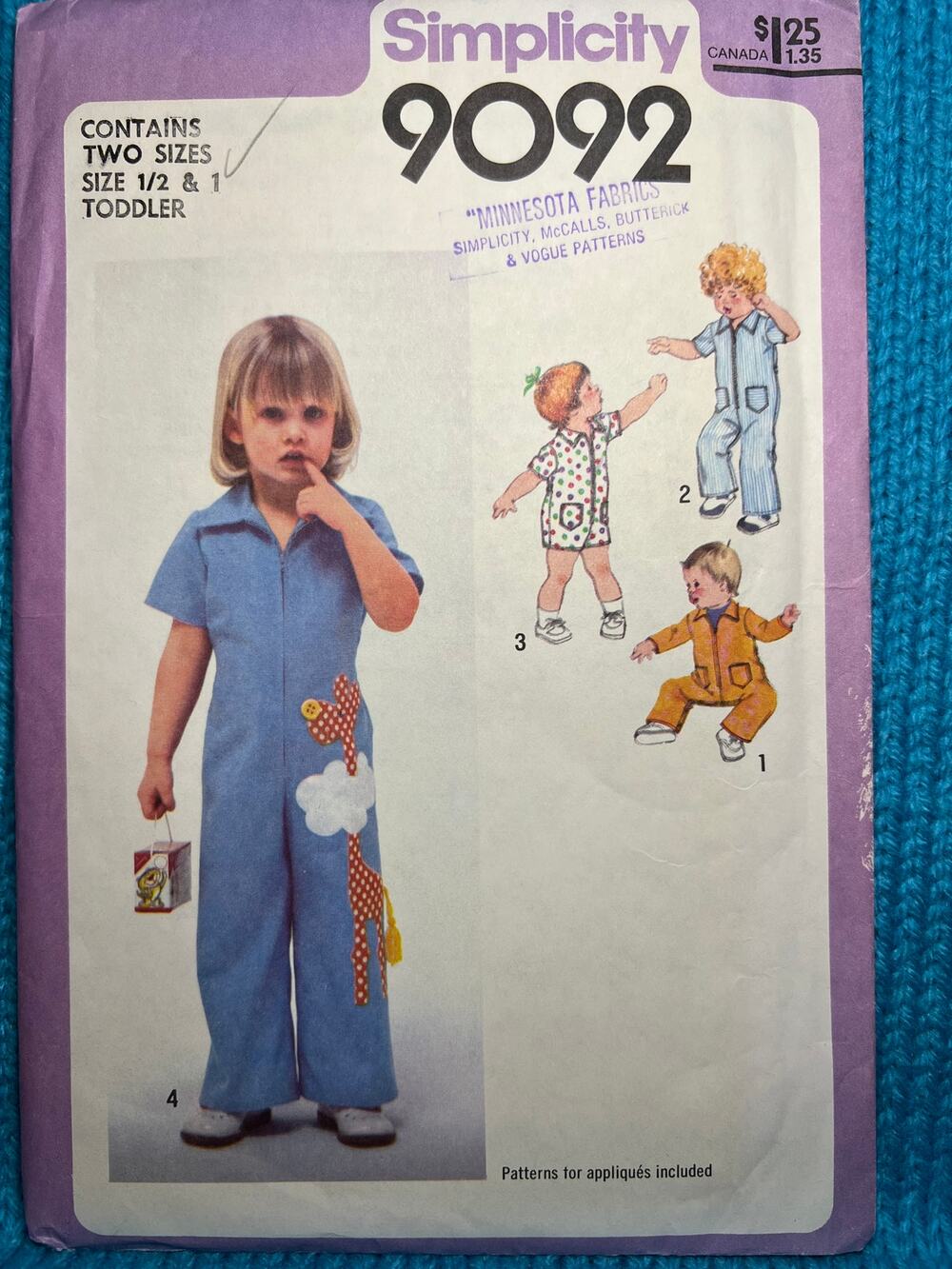 Simplicity 9092 toddler romper jumpsuit pattern size 1/2 1
